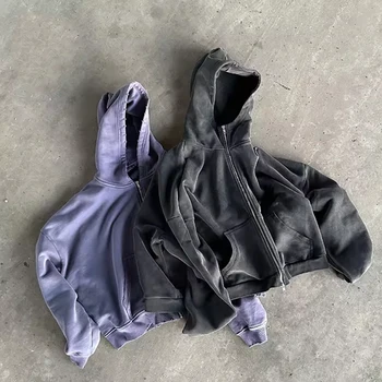OEM 100% Cotton Blank  Zip-up Hoodie Drop Shoulder Boxy Crop Fit No Strings Double Zipper Vintage Distressing  Hoodie for Men