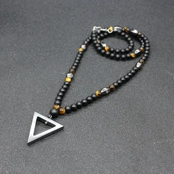 Men's Precious Stone Necklace 6MM Matte Onyx Beads With Triangle Pendant Hematite Punk Long Necklace Jewelry for Men