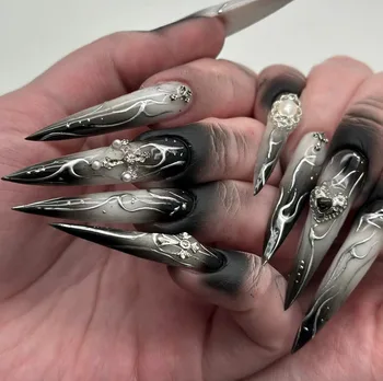 24 pcs Dark spicy girl wears coffin-shaped black ombré and silver fire design Acrylic Press On Nails customize false nails 3469