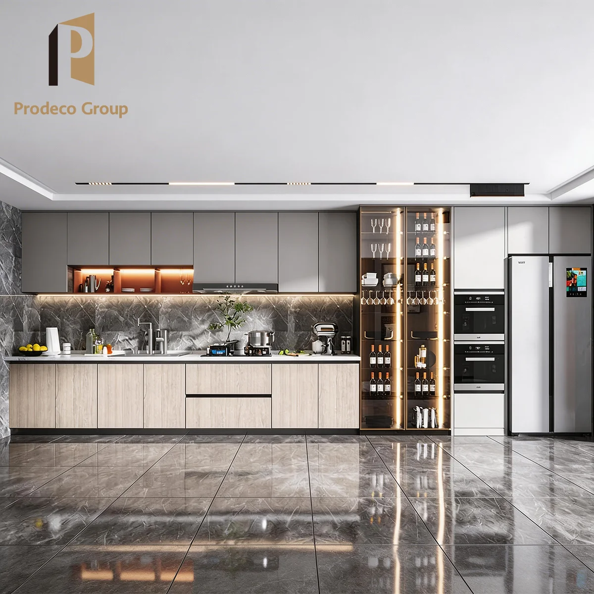 Luxury Apartment Project Wood Veneer Laminate Modern Complete Set Kitchen Cabinets with Faucet High End Kitchen Furniture