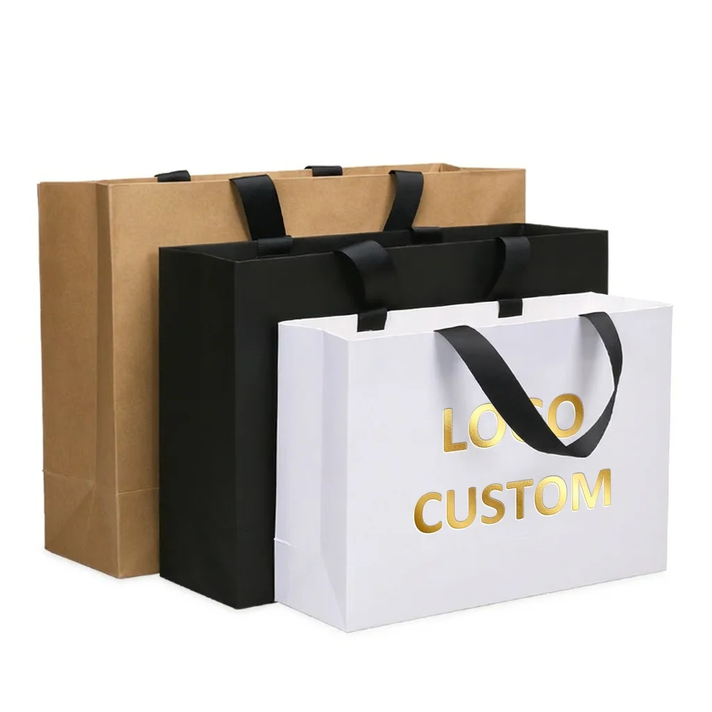 Borsa in carta kraft di lusso prodotta in fabbrica, borsa personalizzata con stampa, manici e nastro, in cartoncino rivestito, riciclabile, per abbigliamento con logo personalizzato