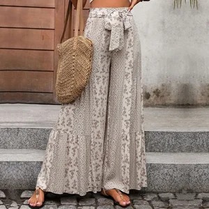 Women's clothing: floral printed wide-leg pants, casual vacation lace-up patchwork long pants