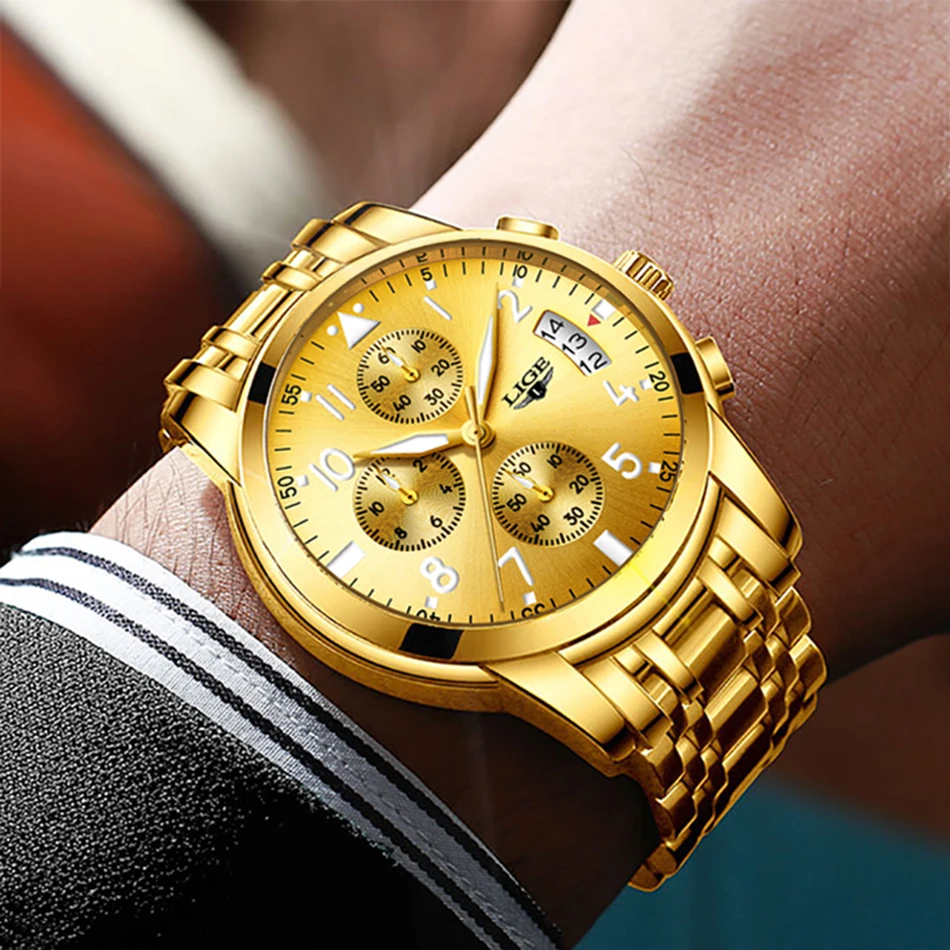 Lige Mens Gender Quartz Top Brand Mens Luxury Chronograph Waterproof Quartz Watch Full Steel 2271