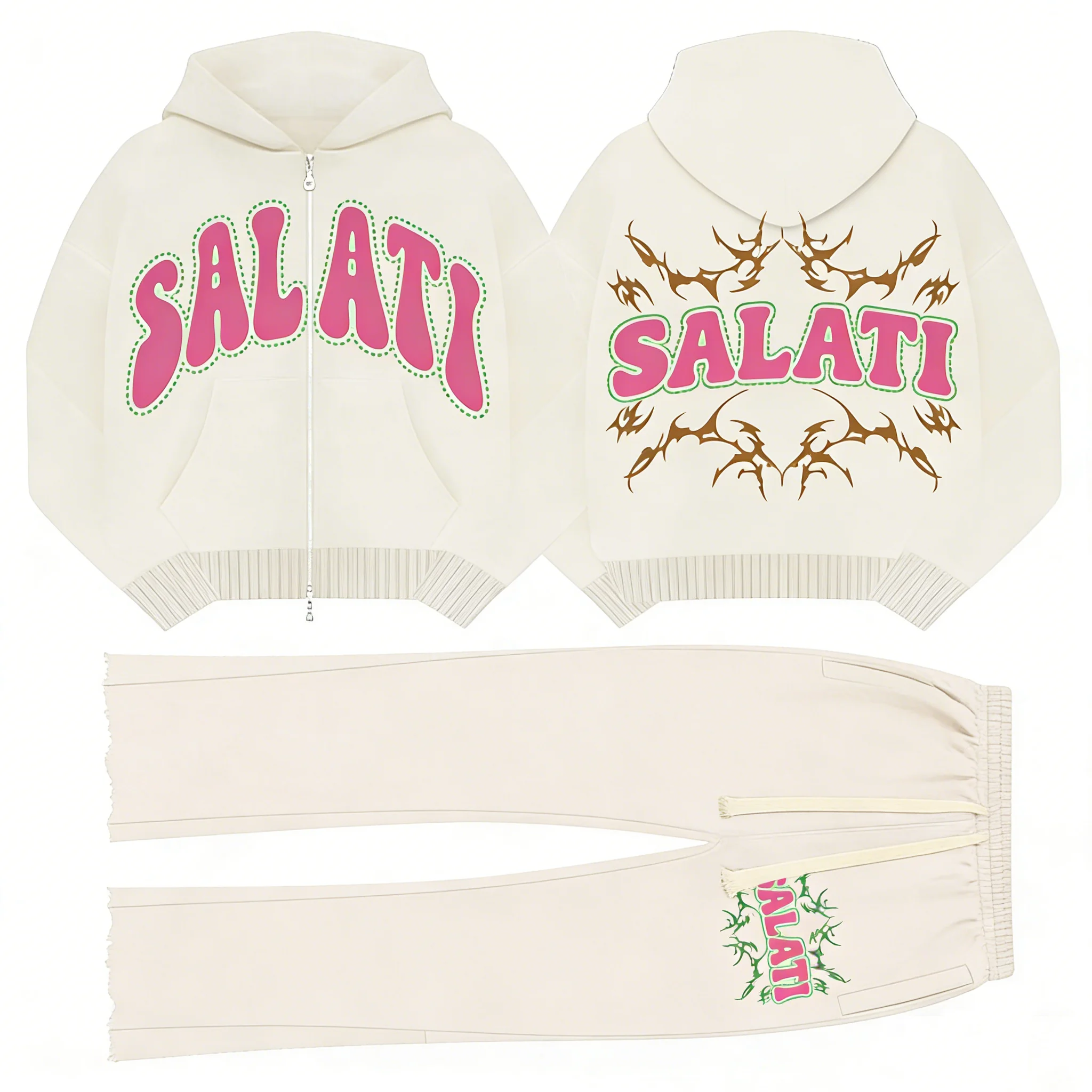 SALATI Custom Rhinestone Hoodie Men Oversized Cropped Acid Wash Zip up Distressed Vintage Sweatpants and Hoodie Set