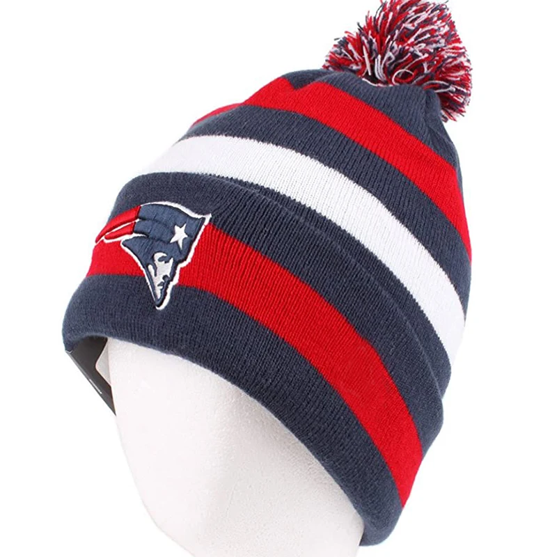 Flag Embroidered Navy Red Pom Pom 