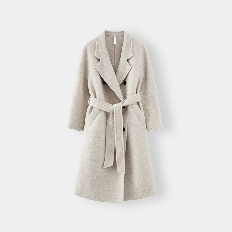 Custom Women Autumn Winter Wool Maxi Coat with Belt Lapel Solid Color Loose Cardigan Ladies Elegant Long Coat