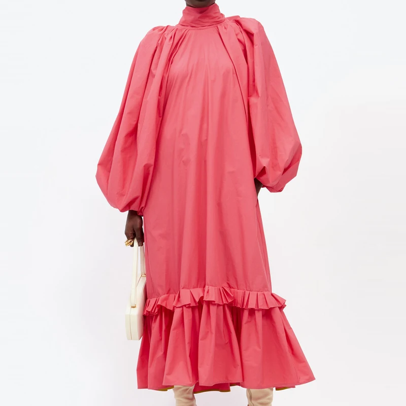 High collar cotton plus-size Puff sleeve Spring and summer outdoor office  dress woman