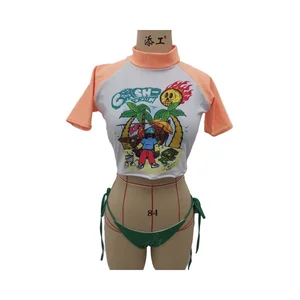 High Quality 3 Piece Women's Tie String Bikini Suit Double Layer Swimwear Customized Tshirt Front Removable Padded Quick Dry OEM