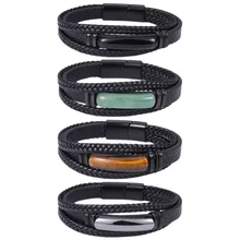 Handmade Men's Fashion Bracelet Stainless Steel with Tiger Eye Stone & Vintage Leather Design Magnetic Buckle Closure