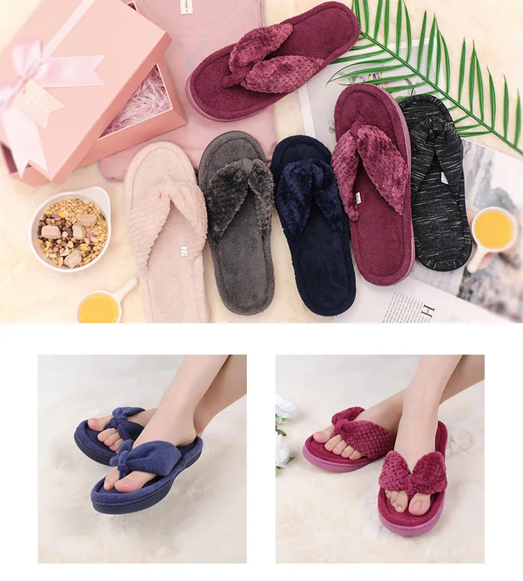 Womens Open Toe Cozy Memory Foam Spa Thong Flip Flops House Indoor Slippers Plush Gridding 1185