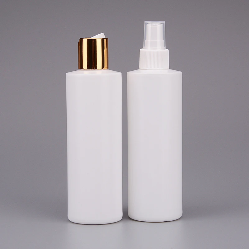 250ml HDPE Lotion Container Cylinder Flat Shoulder Cosmo Round Lotion Shampoo and Conditioner Plastic Bottles With Pump Cap
