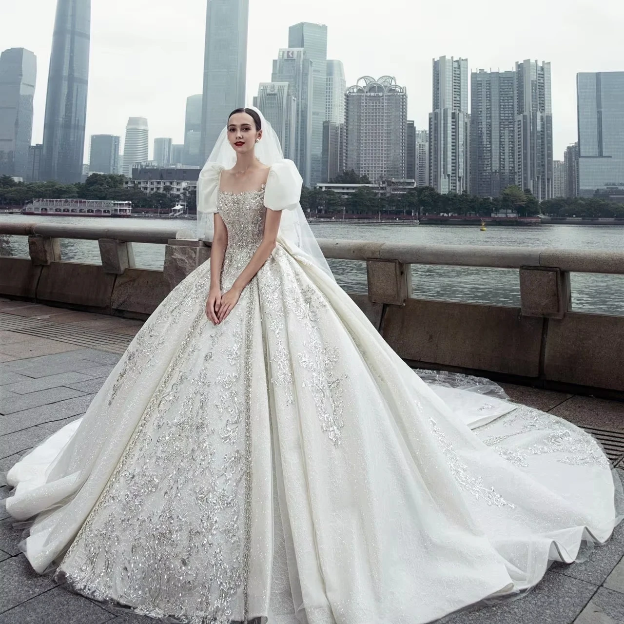 long tail dress design S0521F New Hot Selling High Quality Long Tail Women Petite Heavy Work  Temperament Off Shoulder Bride Wedding Dress| Alibaba.com