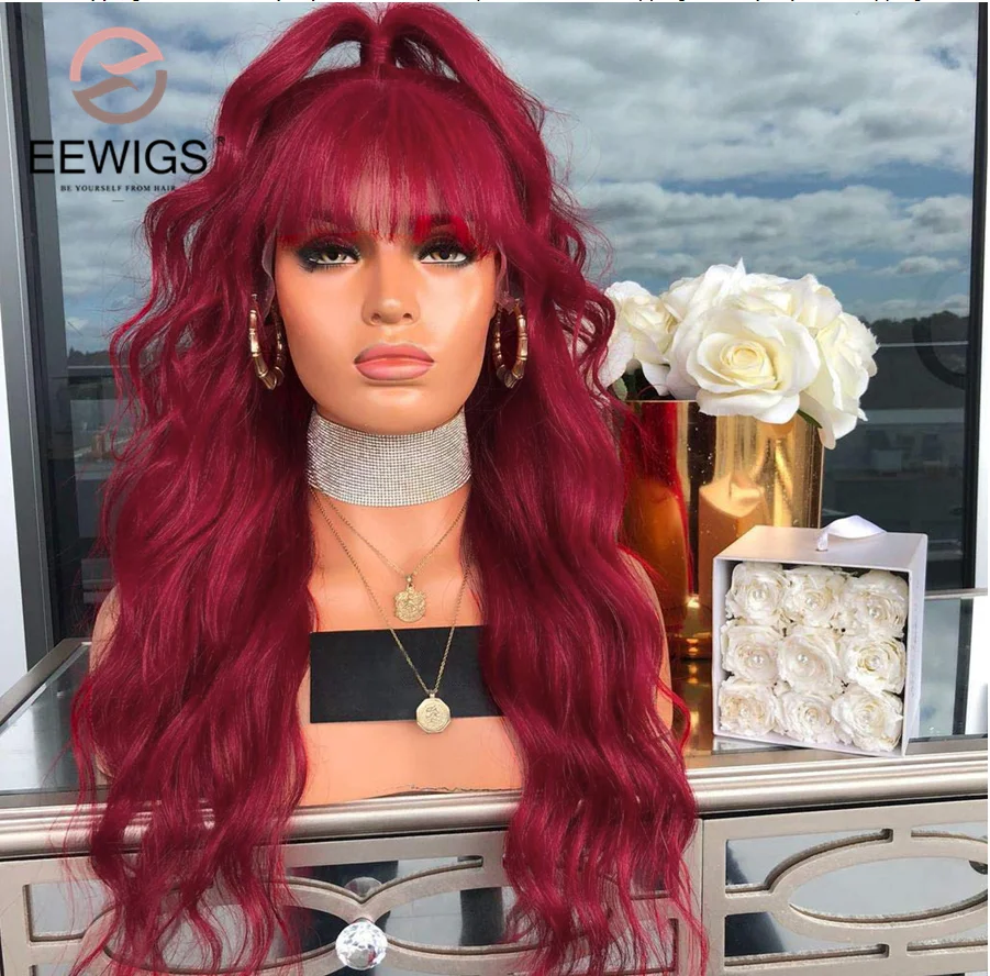 Loose Wave Wig Burgundy Red Synthetic With Bangs 99j High Temperature Long  Hair Lace Front Wigs For Black Women - Buy Lace Front Wig With Bangs,Red  Hair Synthetic Long Body Wavy Wig