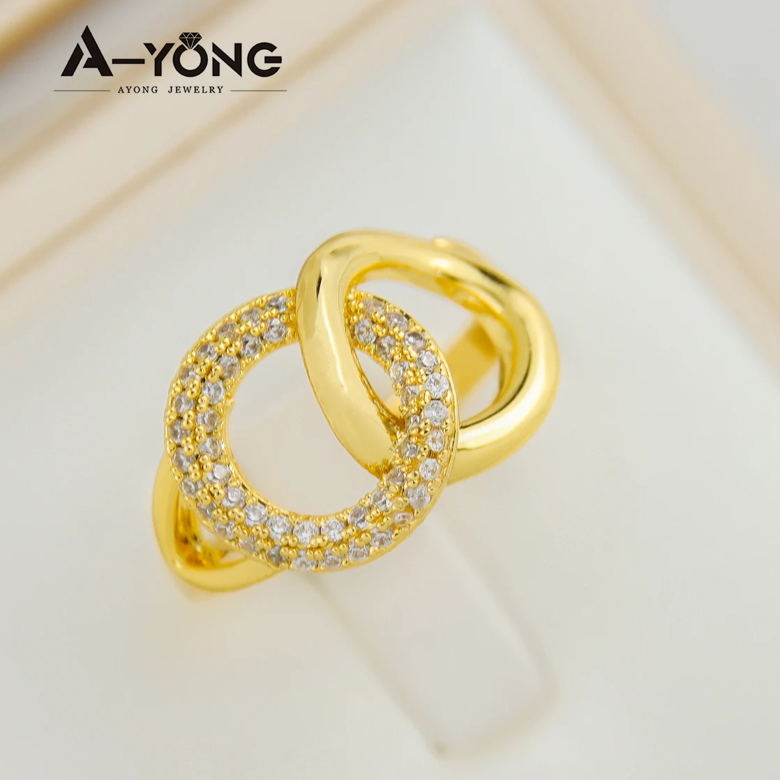 Popular Luxury Interlocking Ring Double Layer Copper Index Finger Rings Circle 21k Gold Ring for Party