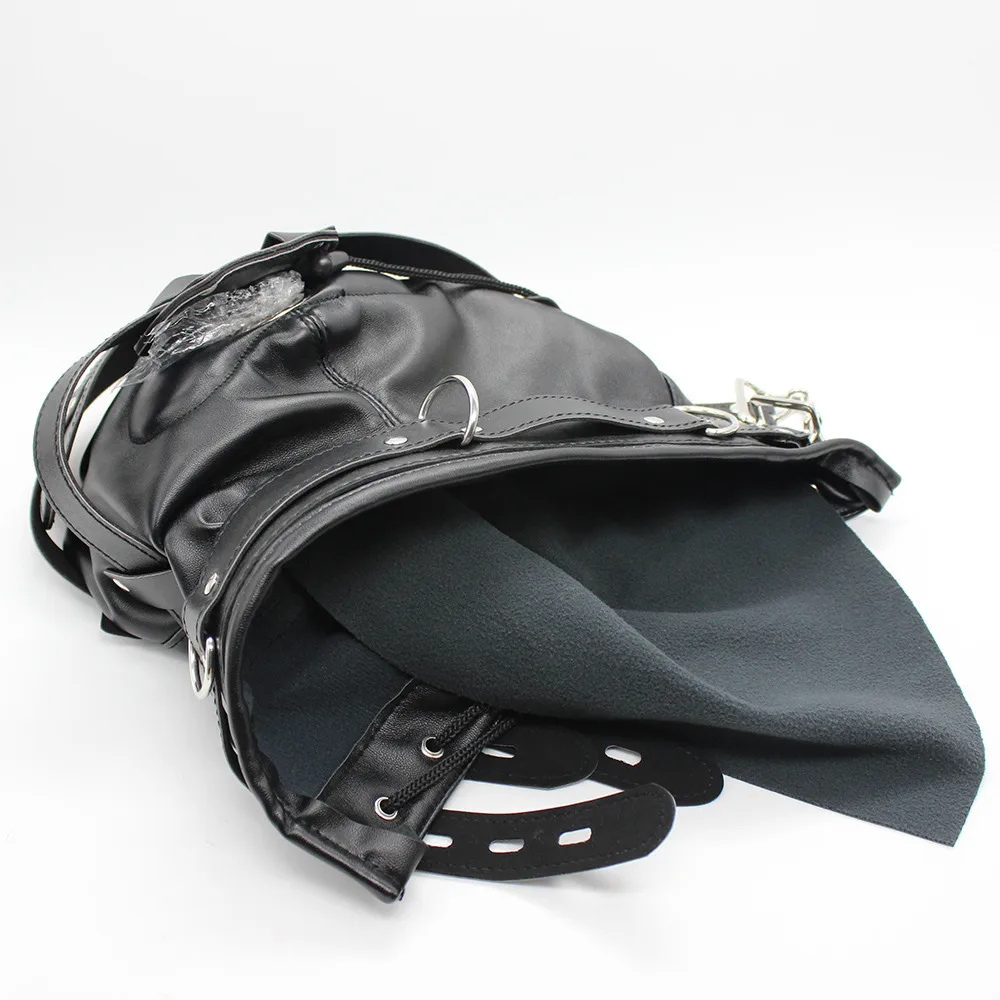 Adjustable Leather Black Bondage Hood BDSM Head Cage with Dildo Mouth Gag for Slave Play