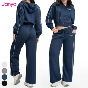 Janya Casual Loose Logo Gym Fitness Clothes Sets Wide Leg Sweatpants Hooded Jacket Suit Color Blocked 2 Piece Yoga Set for Women