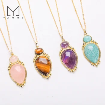 Gemstone Teardrop Pendant Necklace Natural Stone Drop Pear Shape Statement Necklace Quartz Amethyst Gift For Women