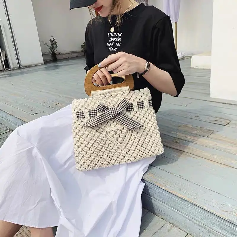 2023 New Cotton Bow Wooden Handle Handheld Woven Bag Fashion And ...