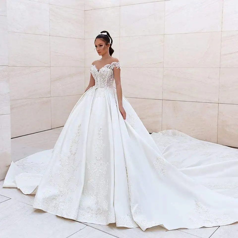 22003 Sweetheart Necklitne Lace Wedding Dress with Long Train A-Line Tulle  Skirt Foreign Trade Simple Bridal Wedding Gown Dress with Factory Wholesale  - China Wedding Dress and Bridal Wedding Dress price |