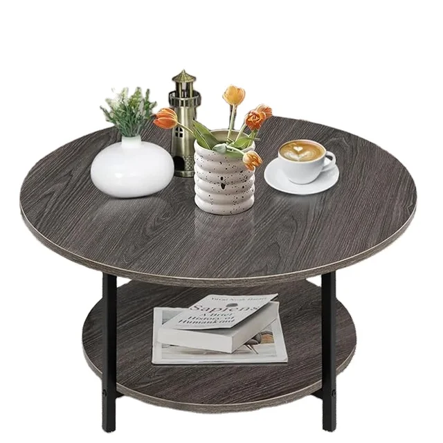 Round Coffee Table, Feature Table Sofa Table Coffee Table with Storage, 2 Tiers for Living Room, Desk, Balcony, Wooden Table