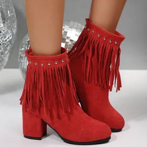 QuiteS 2026 Large Size Rivet Suede High-Heeled Fashion Tassel Boots Winter Casual Elegant Warm Shoes for Women