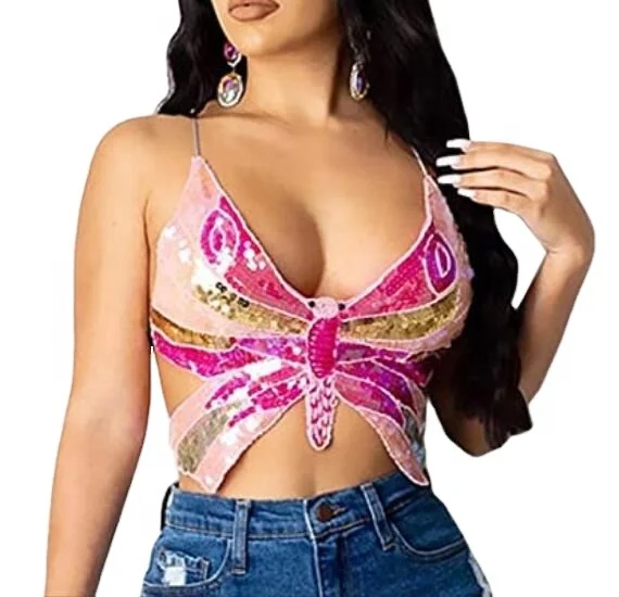 Bestdance Butterfly Belly Dance Bra 8C 10A/B 12A/B Bead Sequined Top Halter Neck Bra