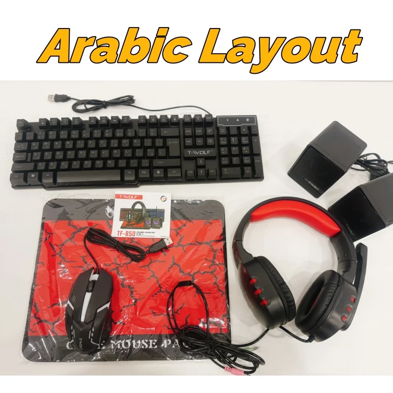 T-WOLF TF850 Gaming Keyboard Mouse and Gaming Headset and Speaker Mouse Pad Wired RGB Backlight Keyboard Combos for Computer PC