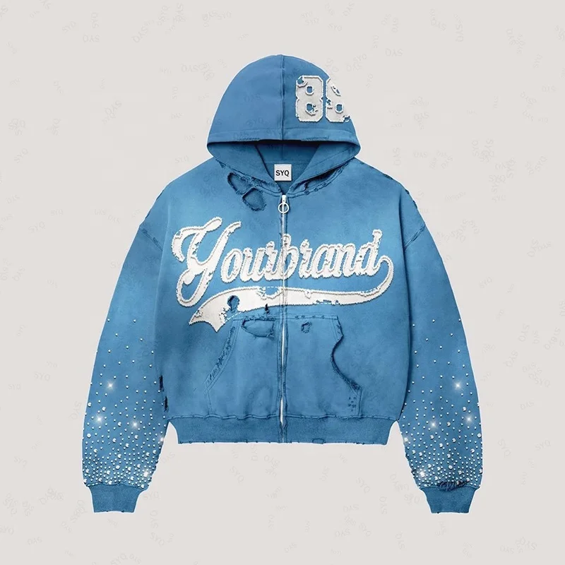 Custom Fashionable logo Embroidery Zip up Hoodie Streetwear