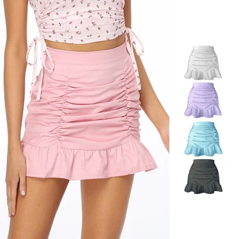y2k school girl high waist a line mini short ruffle ruched pink summer skirt women