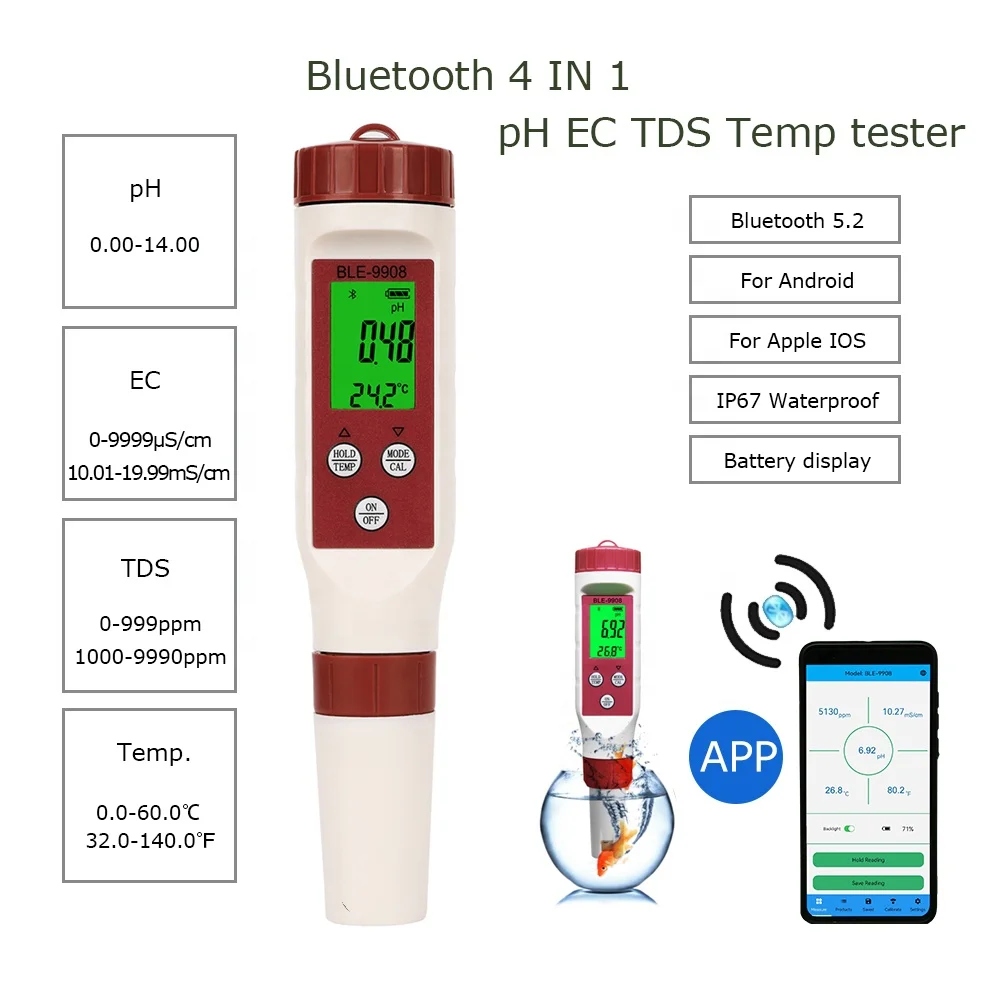 Water Meter Bluetooth 4 In 1 Multimeter Water Test Ph Ec Tds Meter