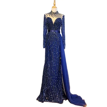 Navy Blue Mermaid Evening Long Dresses 2022 New Trend Serene Hill LA71359 Beaded Full Sleeves Party Gowns