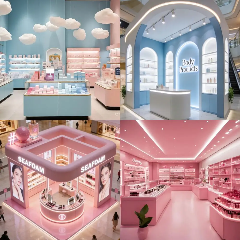 Soft light blue cosmetic store interior with curved arch display shelves, LED lighting and open mall flagship booth layout