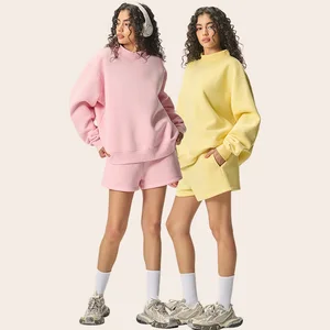 Wholesale Womens Mock Neck Sweatshirt High Quality Fleece Cozy Sweatshirt and Shorts 2 Pieces Set Blank Women Yoga Shorts Set