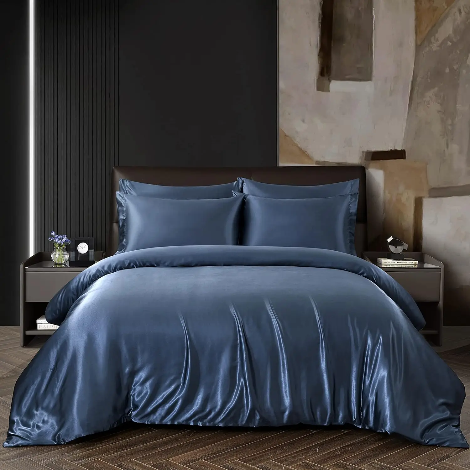 Navy Blue King Size Satin Duvet Cover Set 5-Piece Bedding Includes 1 Duvet Cover and 4 Pillowcases