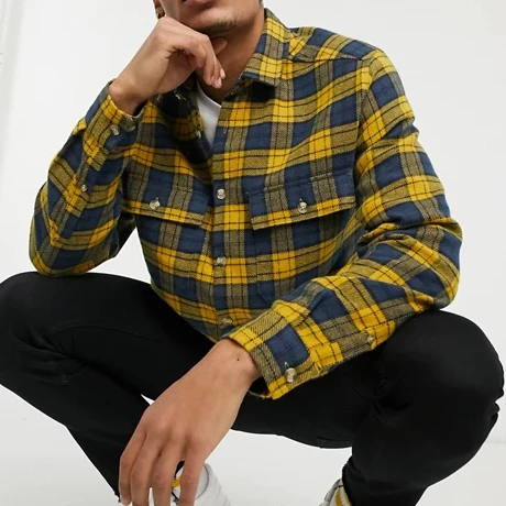 Shop Our Custom Brushed Flannel Overshirt Blue Yellow Tartan Check