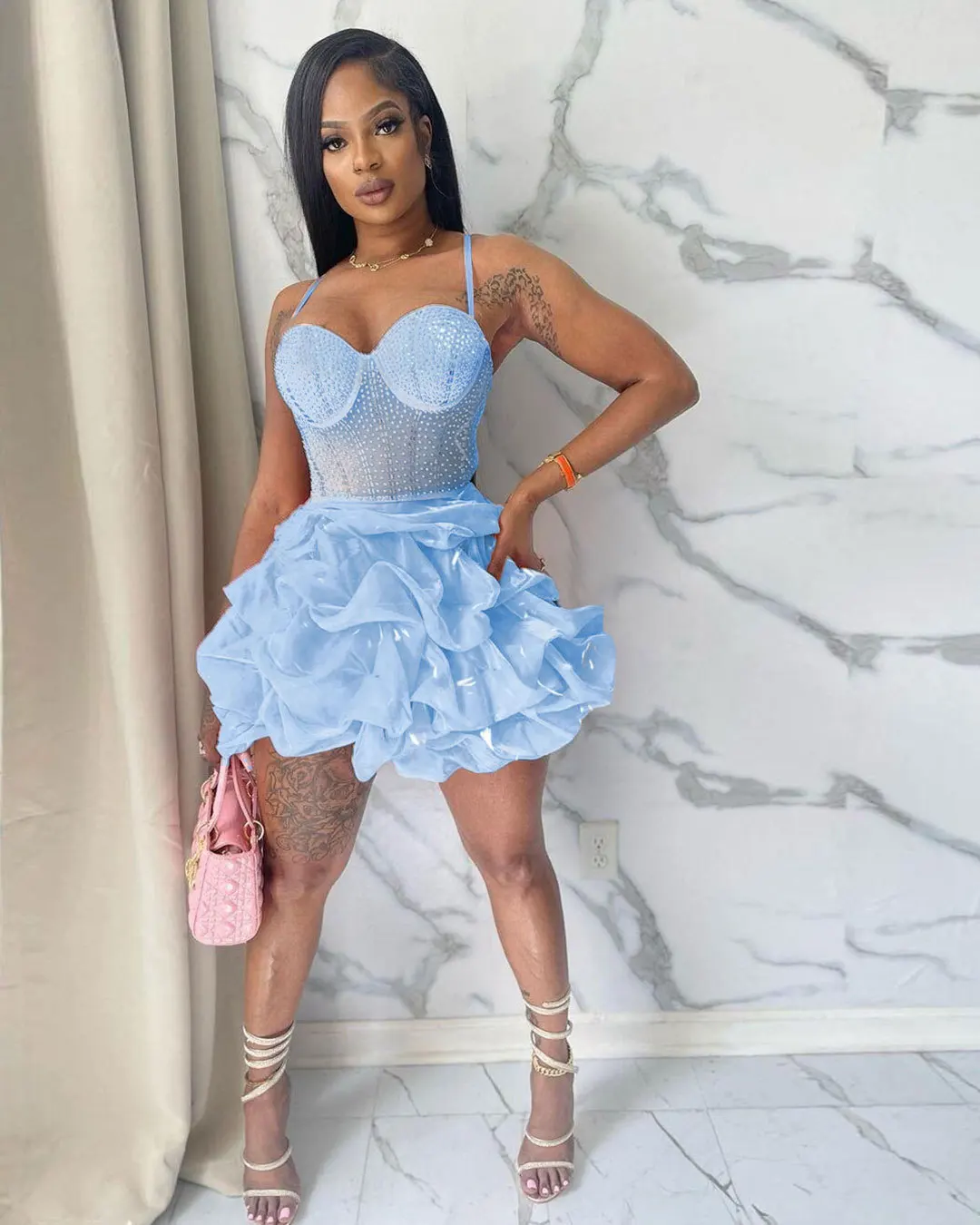 blue dress for baby girl Rhinestones Turquoise Organza Tiered Ball Gown Junior Pageant Gown main image 1