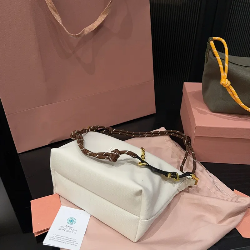 Womens 2025 New Style Rope-Knot Dual Shoulder Straps Hobo Canvas Lunch Bag Surf-Style Polyester Zipper Closure 18x14cm