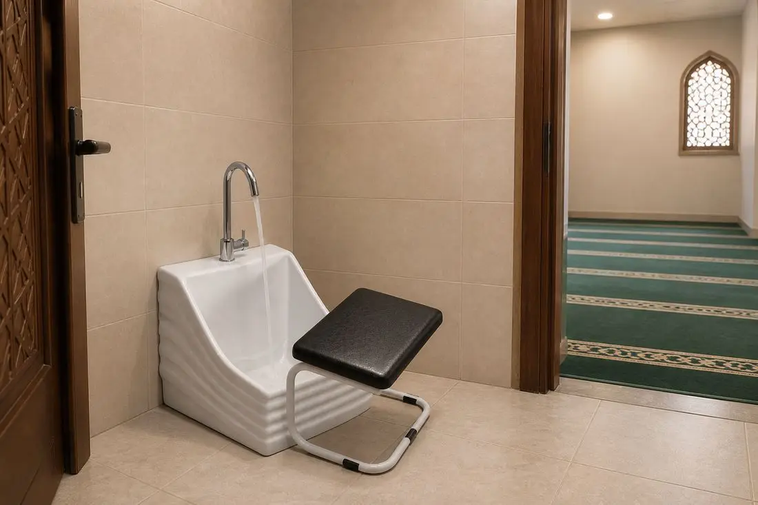 info-1-1 Compact 600mm wudu basin row with dual-level stations in a small mosque washroom