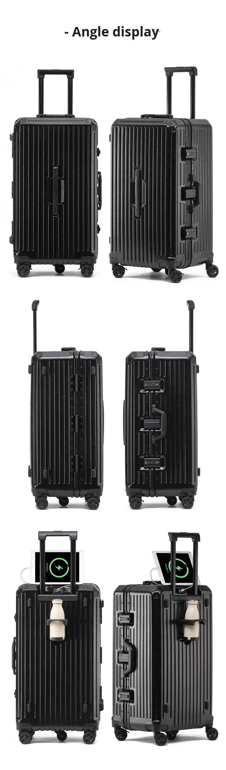 product aluminum frame luggage abspc hard shell travel case frosted anti scratch surface folding cup holder usb tsa lock suitcase-20