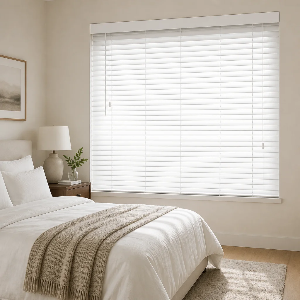 White Wood Venetian Blinds 50mm Slats Ladder String Pull Cord Plain Headrail UV Blocking Privacy Light Control Durable Custom