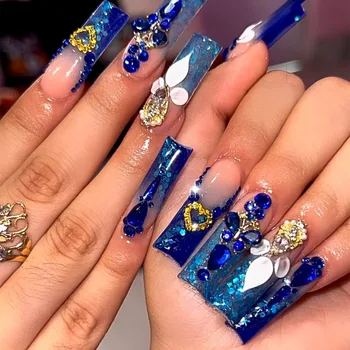 24 pcs French-style Long Ballerina Coffin Sparkling Diamond Bling Nails art Acrylic Press On Nails Artificial fingernails 3056