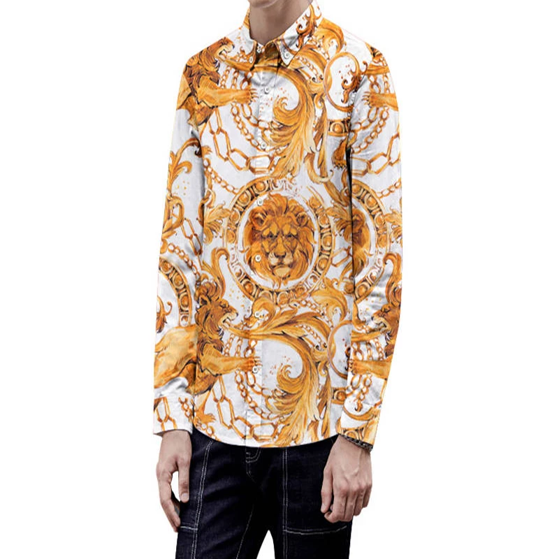 Stylish Men Shirt Luxury 3D Gold Chain Print Dress Shirts Long Sleeve  Casual Shirt