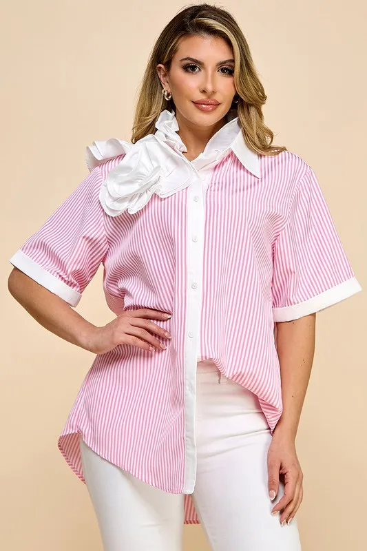 Ladies Striped Solid Color Fabric Casual Shirt - Image 3