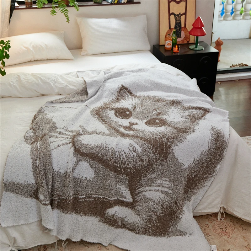 Factory Direct Wholesale 100% Polyester Cute Cartoon Cat Knitted Throw Blanket Soft Home Decoration Sofa Throw Bedding Travel WA