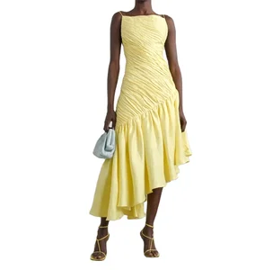 Custom High Quality Elegant Summer Slit Open Back Adjustable Ties  Yellow Ruched Asymmetric Ruffled  Women Long Dress