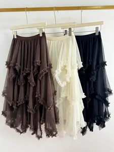 European American 3D Stitching Ruffles Beaded Breathable Anti-Wrinkle High Waist Slimming Mid-length Spring Vintage Skirt Women