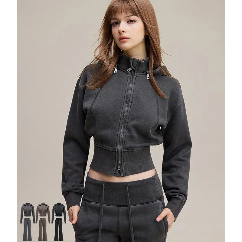 AU Design 2025 Women's Slim Fleece-Lined Cotton Zip Hoodie and Casual Pants Set Trendy Two-Piece Outfit for Winter Daily Wear