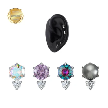 Giometal ASTM F136 Titanium Threadless/Threaded Double Round CZ End Daith Helix Ear Labret Tragus Piercing Earrings Body Jewelry