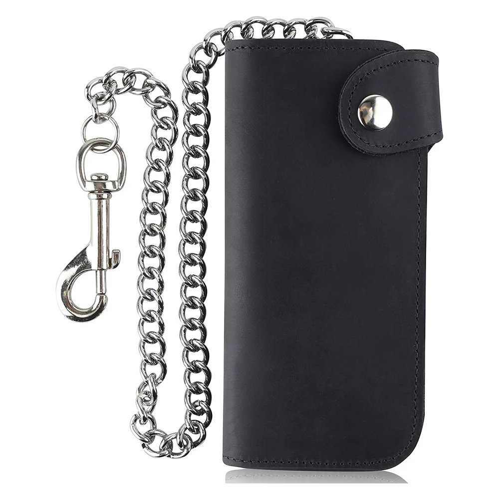 Men's RFID Blocking Bifold Chain Wallet - Genuine Leather, 18" Chain, 12 Card Slots