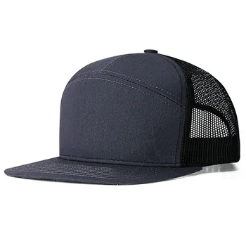 OEM ODM Custom 7 Panel Trucker Hat Mesh Back Flat Brim Adjustable Snapback Cap Vintage Foam Front High Crown Outdoor Sports Hat